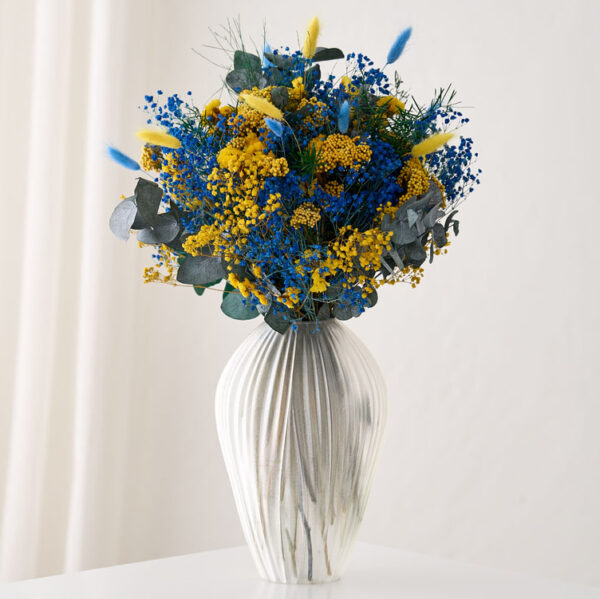 Evighedsbuket gul og blå mix med tørret og Langtidsholdbare blomster