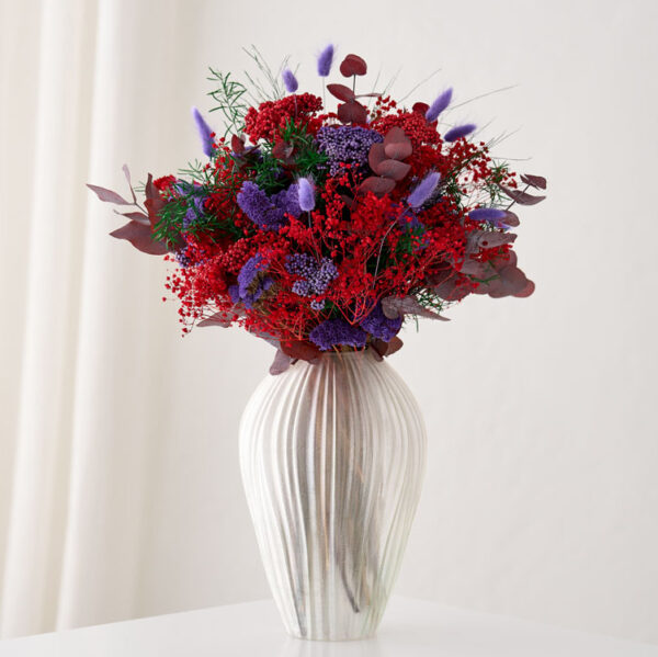 Evighedsbuket lilla og rød mix med tørret og Langtidsholdbare blomster